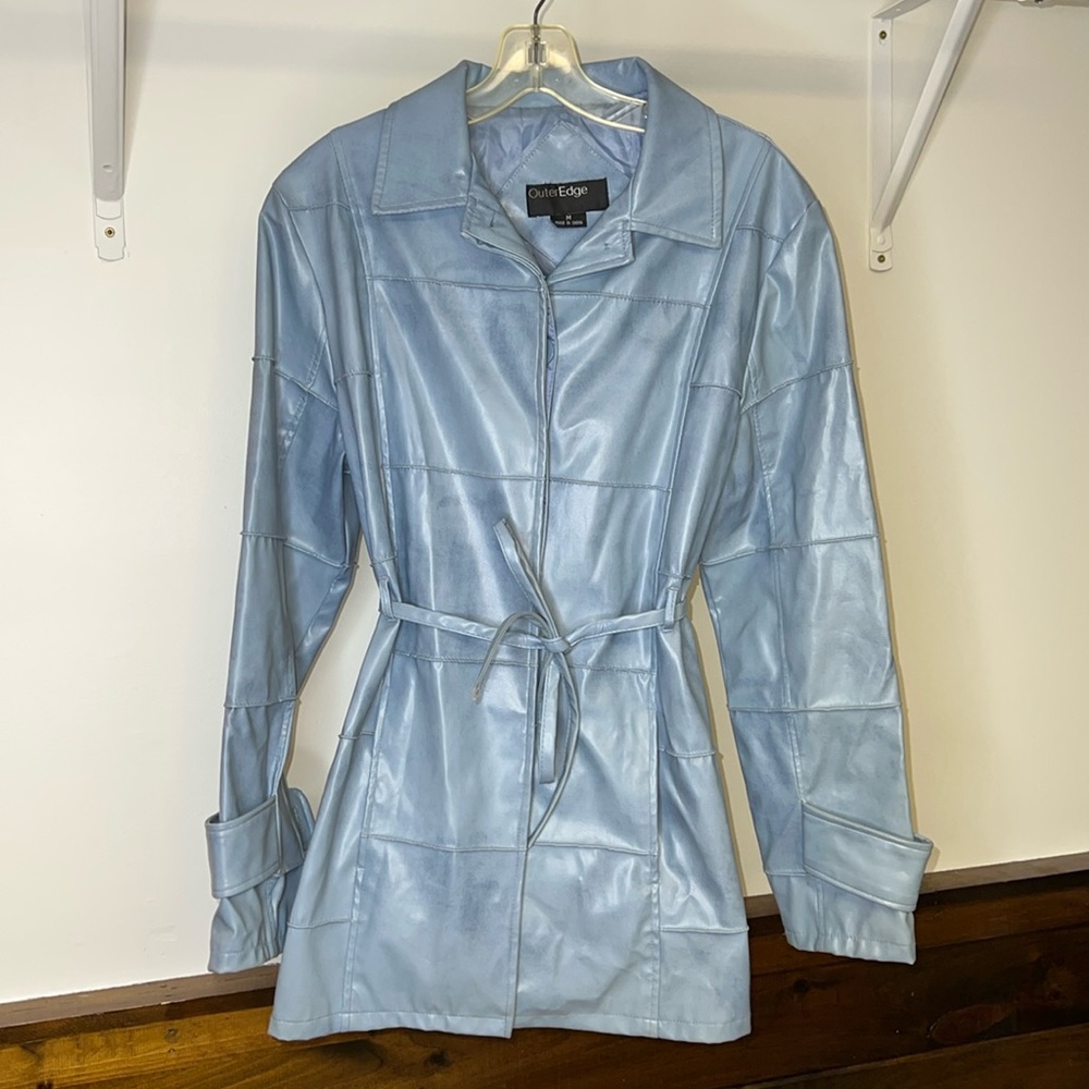 Y2K Outer Edge Blue Faux Leather Button‎ Up Jacket with Belt- M